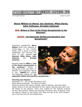 Steve Wilson to Honor Joe Zawinul, Miles Davis, John Coltrane, Ornette Coleman