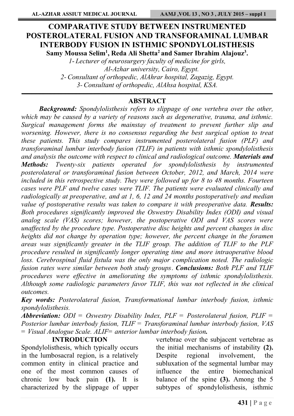 Comparative Study Between Instrumented Posterolateral Fusion and Transforaminal Lumbar Interbody Fusion in Isthmic Spondylolisthesis