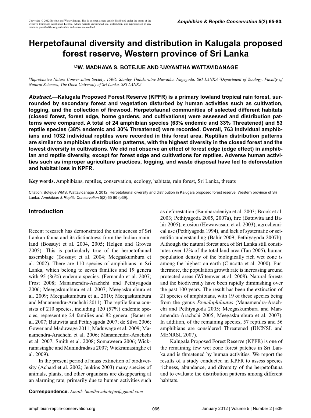 Herpetofaunal Diversity and Distribution in Kalugala Proposed Forest Reserve, Western Province of Sri Lanka