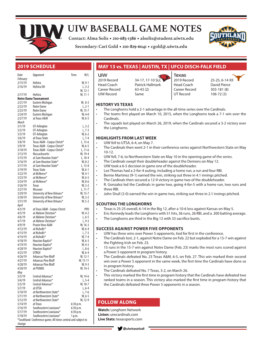 UIW BASEBALL GAME NOTES Contact: Alma Solis • 210-683-1386 • Alsolis@Student.Uiwtx.Edu Secondary: Cari Gold • 210-829-6041 • Cgold@.Uiwtx.Edu