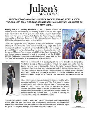 “N” ROLL and SPORTS AUCTION FEATURING LADY GAGA, CHER, BONO, JOHN LENNON, PAUL Mccartney, MUHAMMAD ALI and MANY MORE…