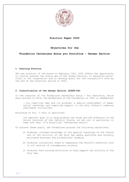 Position Paper 2025 Objectives for the Foundation Centesimus Annus Pro