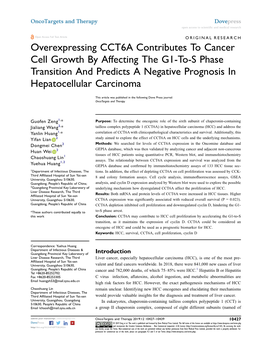 Overexpressing CCT6A Contributes to Cancer Cell Growth by Affecting the G1-To-S Phase Transition and Predicts a Negative Prognosis in Hepatocellular Carcinoma