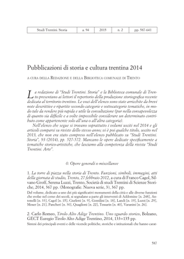 Pubblicazioni Di Storia E Cultura Trentina 2014 a Cura Della Redazione E Della Biblioteca Comunale Di Trento