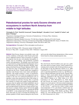 Paleobotanical Proxies for Early Eocene Climates and Ecosystems in Northern North America from Middle to High Latitudes