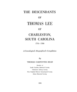 Thomas Lee of Charleston, South Carolina 1710 - 1769