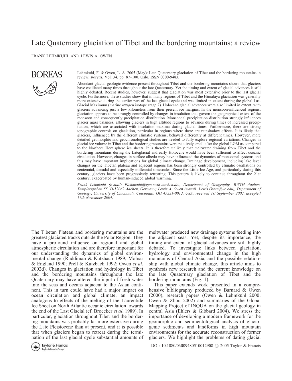 Late Quaternary Glaciation of Tibet and the Bordering Mountains: a Review