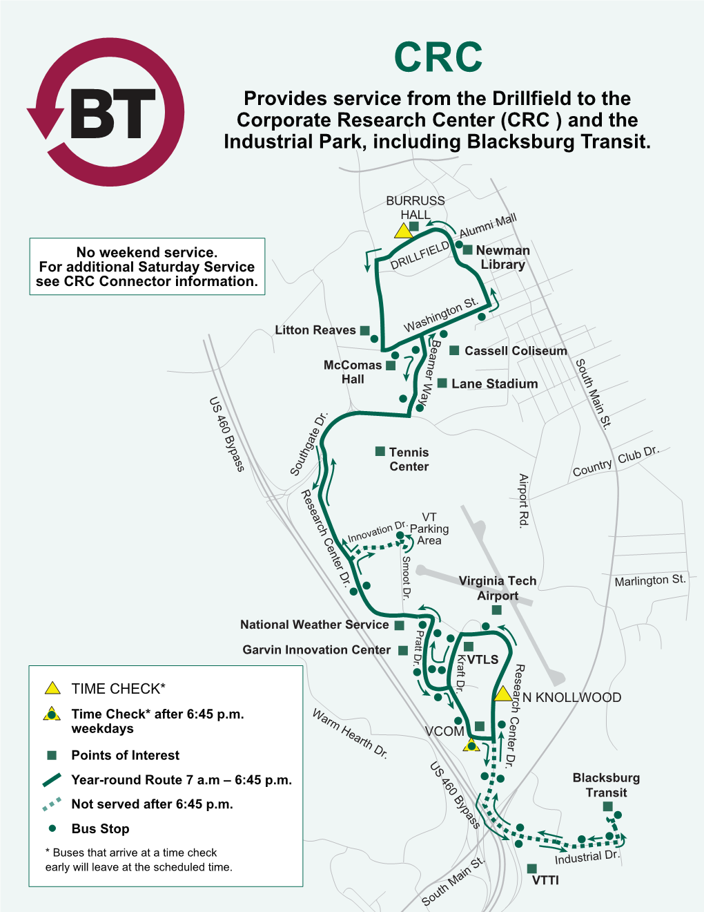 Provides Service from the Drillfield to the Corporate Research Center (CRC ) and the Industrial Park, Including Blacksburg Transit