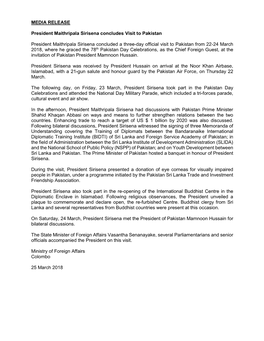 MEDIA RELEASE President Maithripala Sirisena Concludes Visit