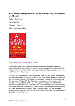 Book Review | AI Superpowers – China, Silicon Valley, and the New World Order