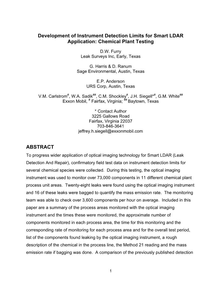 Development of Instrument Detection Limits for Smart LDAR Application: Chemical Plant Testing
