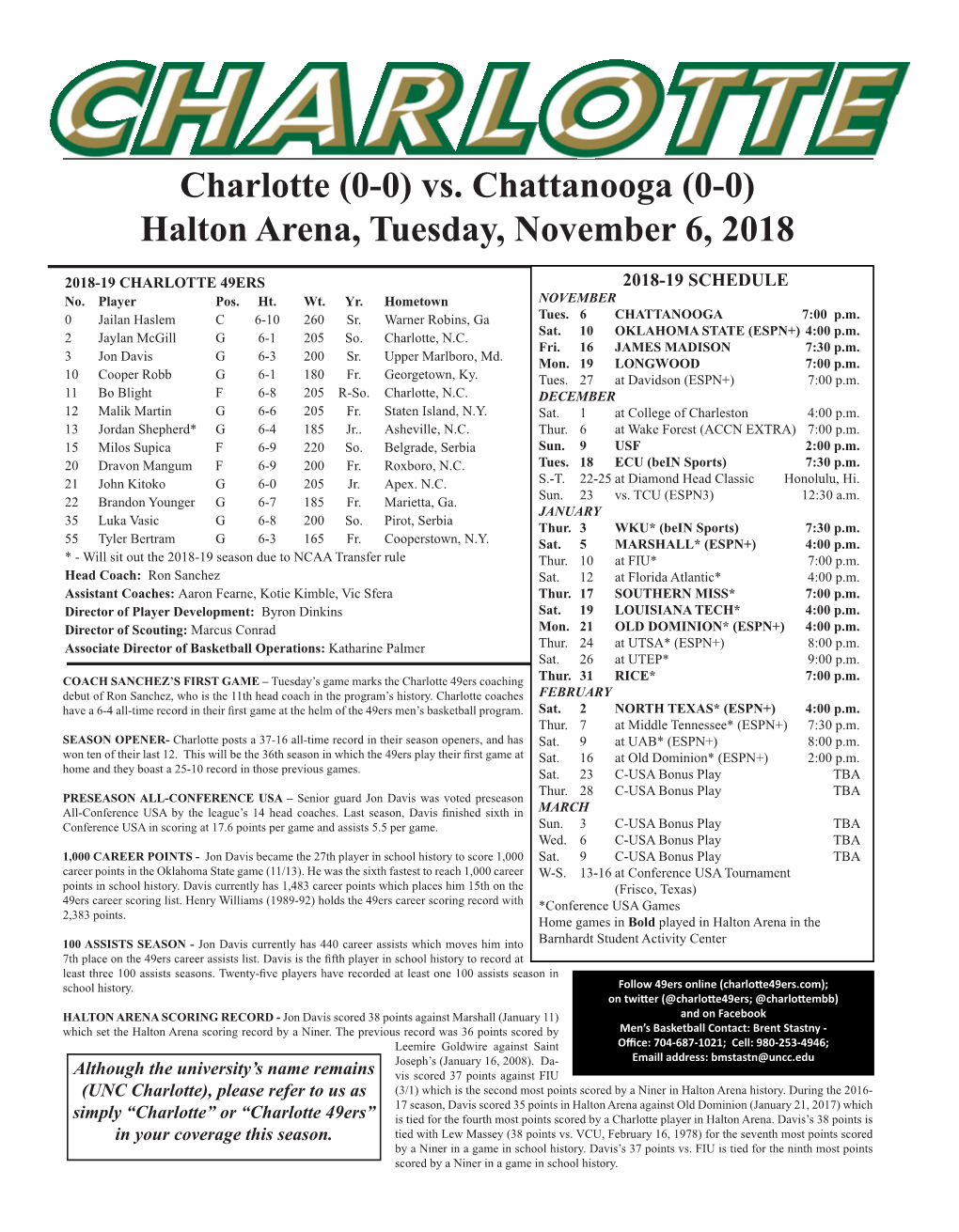 Charlotte (0-0) Vs. Chattanooga (0-0) Halton Arena, Tuesday, November 6, 2018