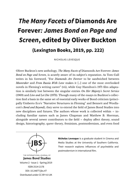 The Many Facets of Diamonds Are Forever: James Bond on Page and Screen, Edited by Oliver Buckton (Lexington Books, 2019, Pp