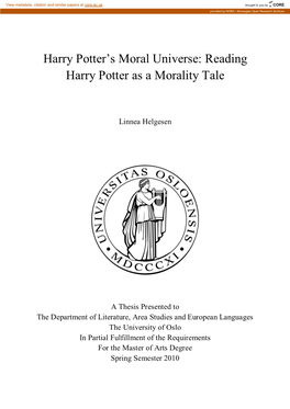 Harry Potter‟S Moral Universe: Reading Harry Potter As a Morality Tale