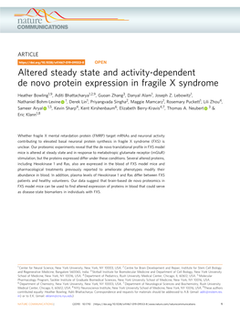 Altered Steady State and Activity-Dependent De Novo Protein Expression in Fragile X Syndrome