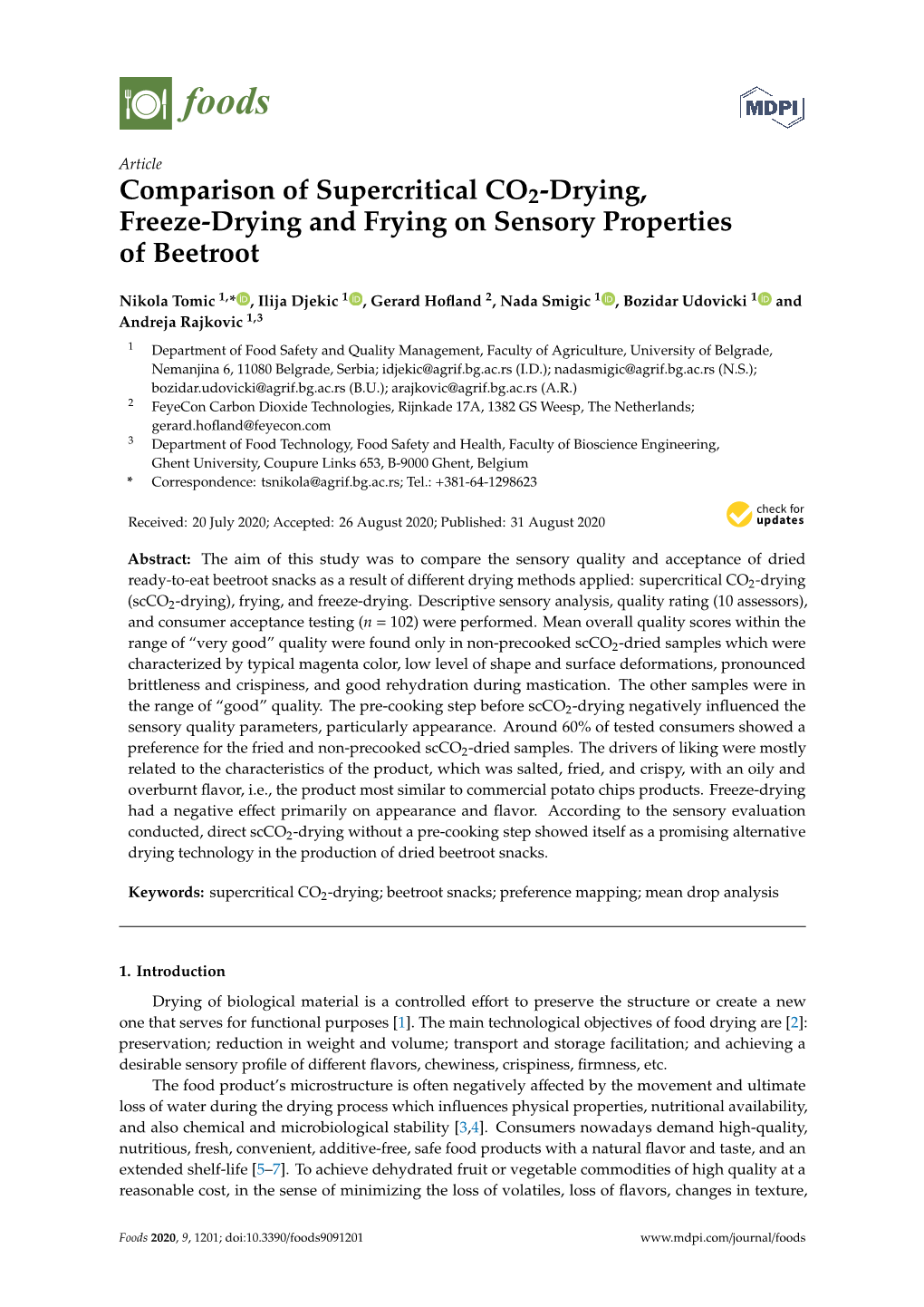 Comparison of Supercritical CO2-Drying, Freeze-Drying and Frying on Sensory Properties of Beetroot