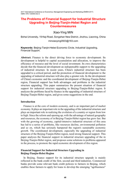 The Problems of Financial Support for Industrial Structure Upgrading in Beijing-Tianjin-Hebei Region and Countermeasures
