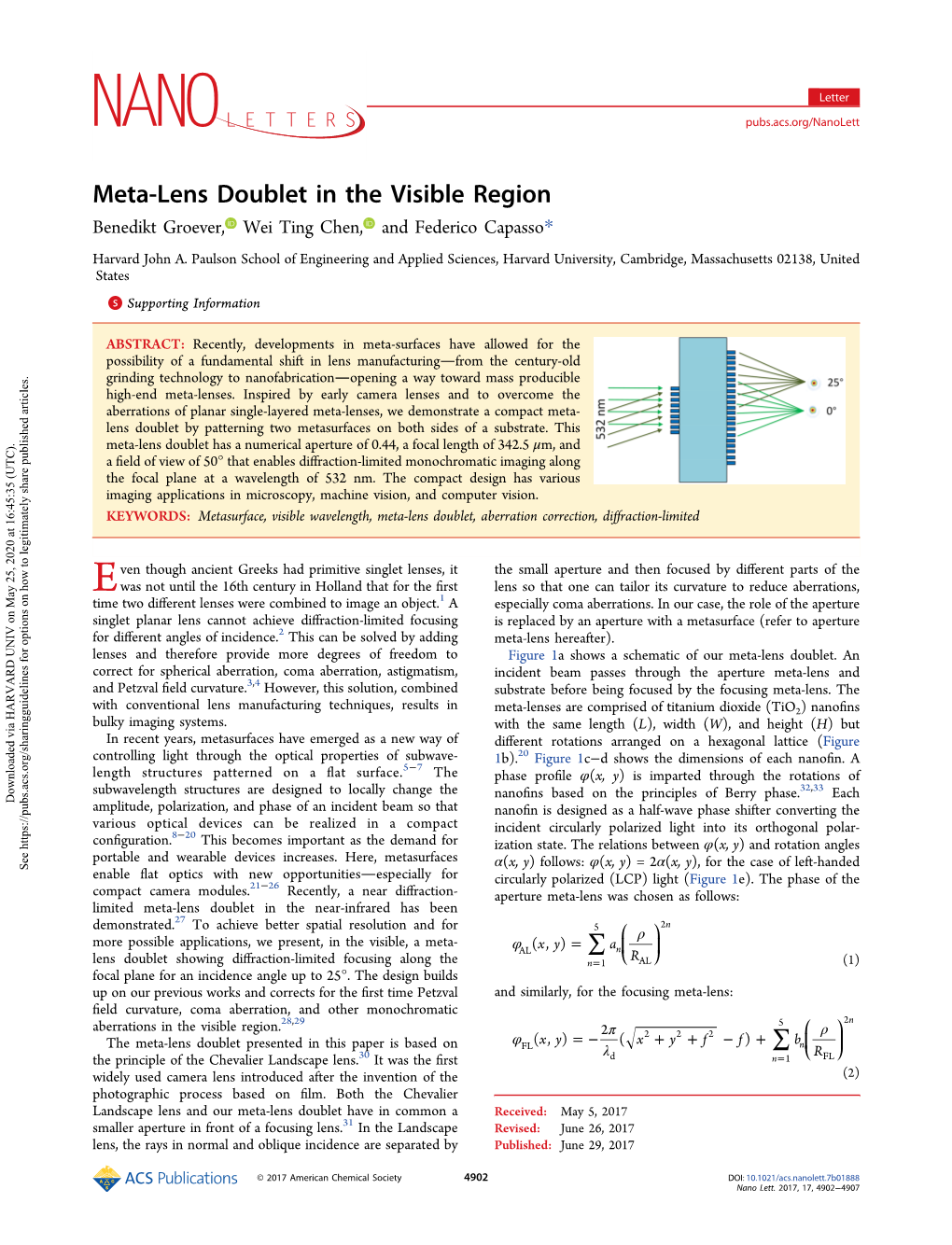 Meta-Lens Doublet in the Visible Region Benedikt Groever, Wei Ting Chen, and Federico Capasso* Harvard John A