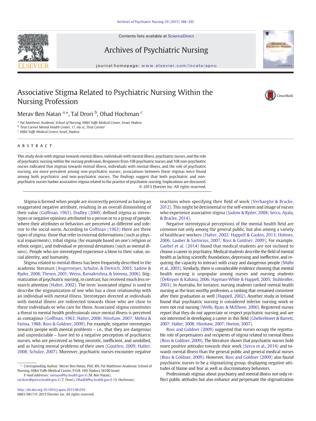Archives of Psychiatric Nursing 29 (2015) 388–392