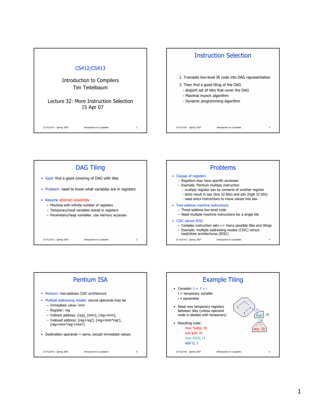 1 Instruction Selection DAG Tiling Problems Pentium ISA Example Tiling