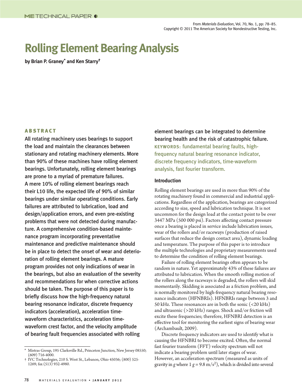 Rolling Element Bearing Analysis by Brian P