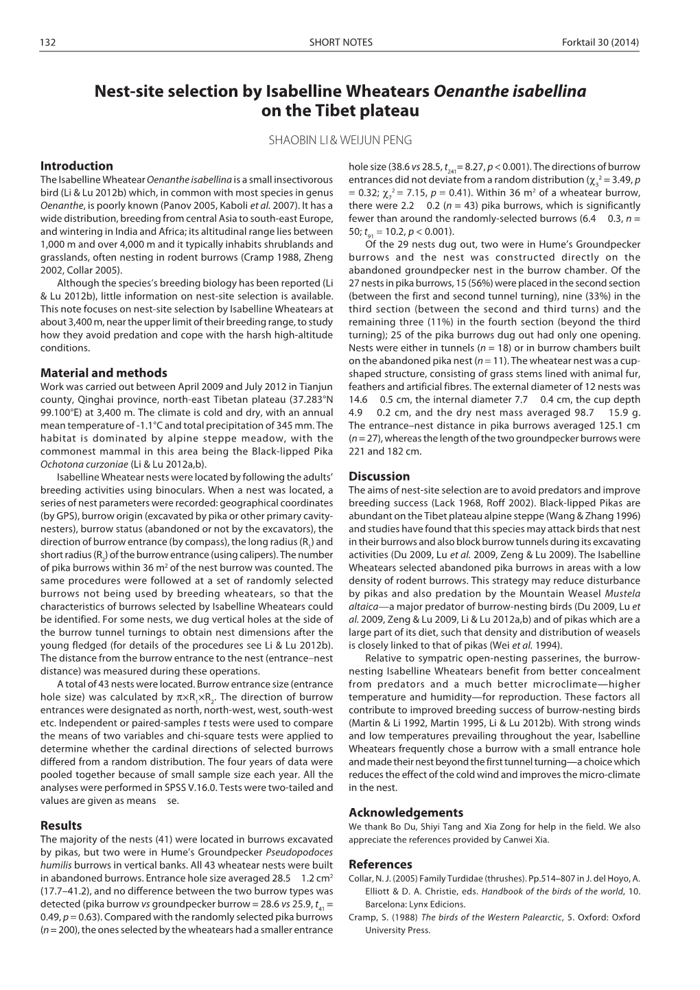 Nest-Site Selection by Isabelline Wheatears Oenanthe Isabellina on the Tibet Plateau