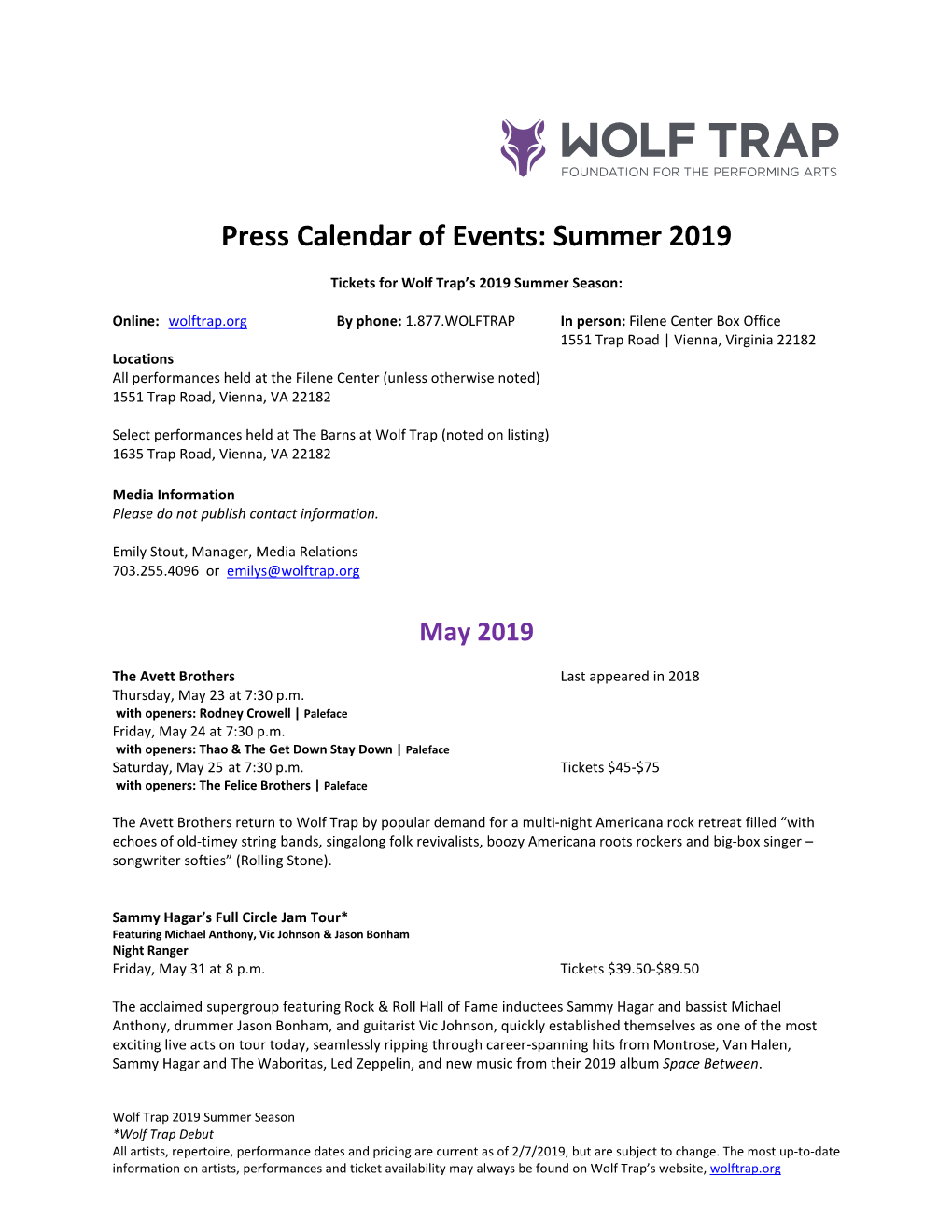 Press Calendar of Events: Summer 2019