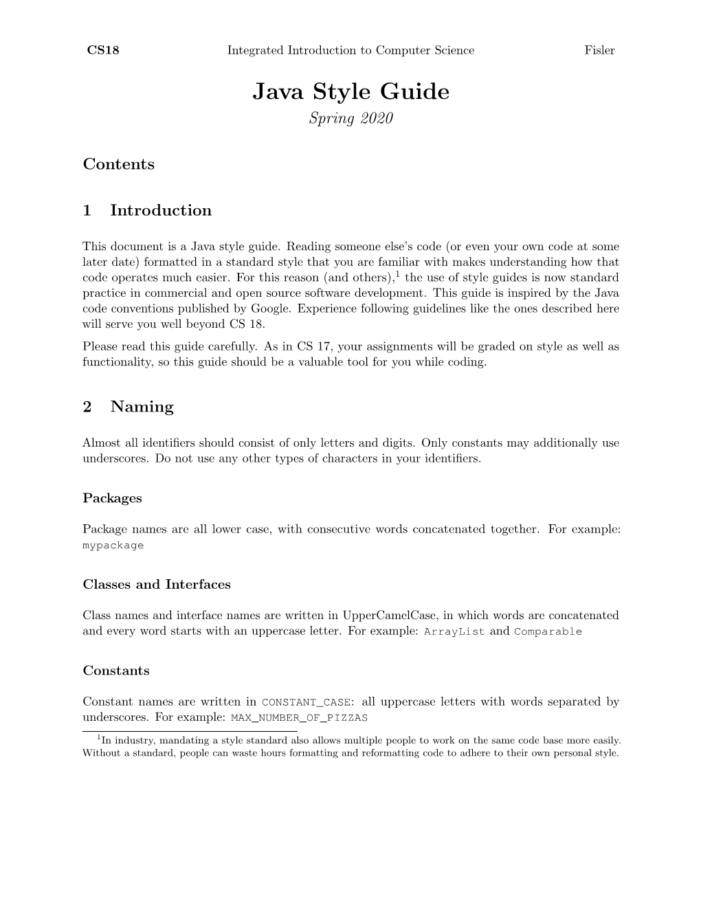 Java Style Guide Spring 2020