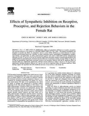 Effects of Sympathetic Inhibition on Receptive, Proceptive, and Rejection Behaviors in the Female Rat