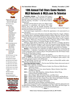 10Th Annual Fall Stars Game Rosters MLB Network & MLB.Com to Televise