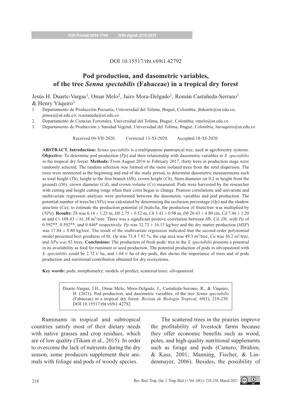 Pod Production, and Dasometric Variables, of the Tree Senna Spectabilis (Fabaceae) in a Tropical Dry Forest