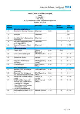 TRUST PUBLIC BOARD AGENDA 10 Am 28 May 2014 Oak Suite, W12 Conference Centre, Hammersmith Hospital, London W12 0HS Agenda Number