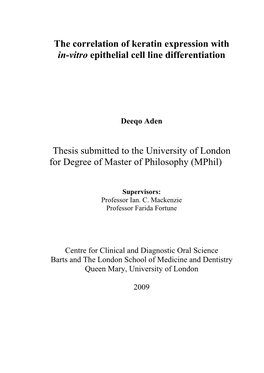 The Correlation of Keratin Expression with In-Vitro Epithelial Cell Line Differentiation