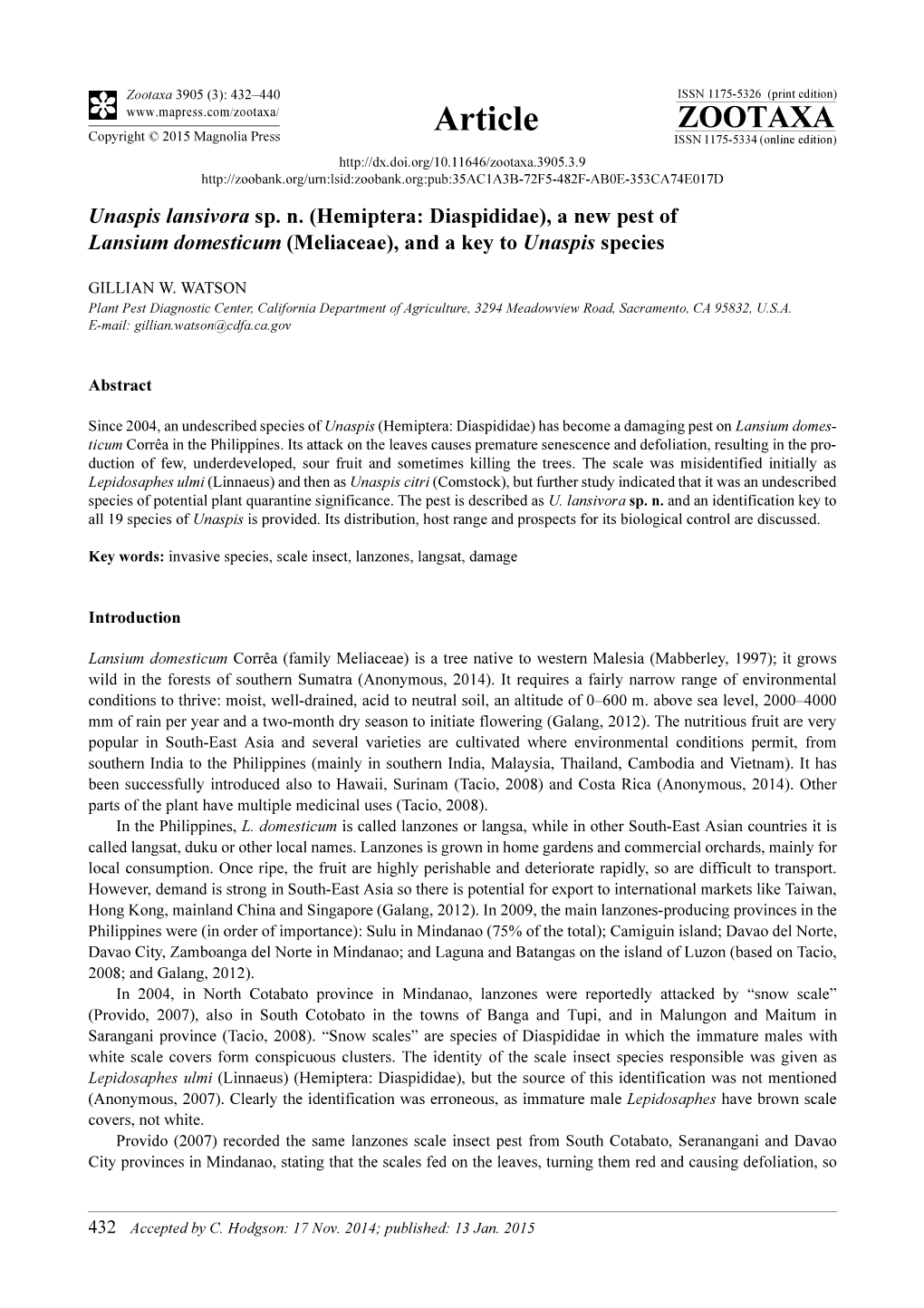 Unaspis Lansivora Sp. N. (Hemiptera: Diaspididae), a New Pest of Lansium Domesticum (Meliaceae), and a Key to Unaspis Species