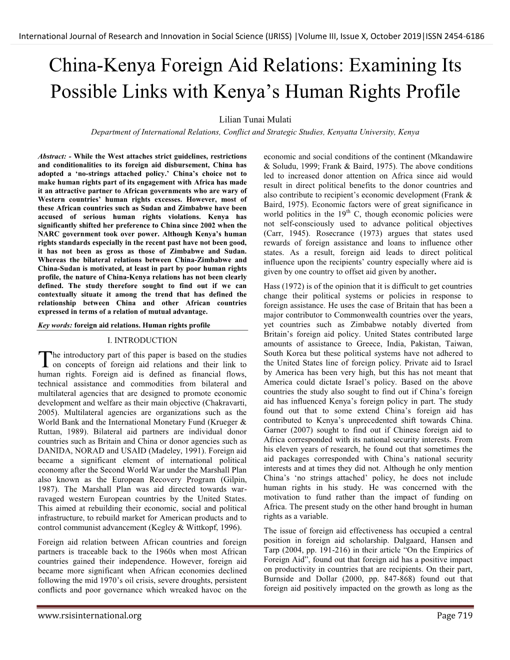 China-Kenya Foreign Aid Relations: Examining Its Possible Links with Kenya‟S Human Rights Profile