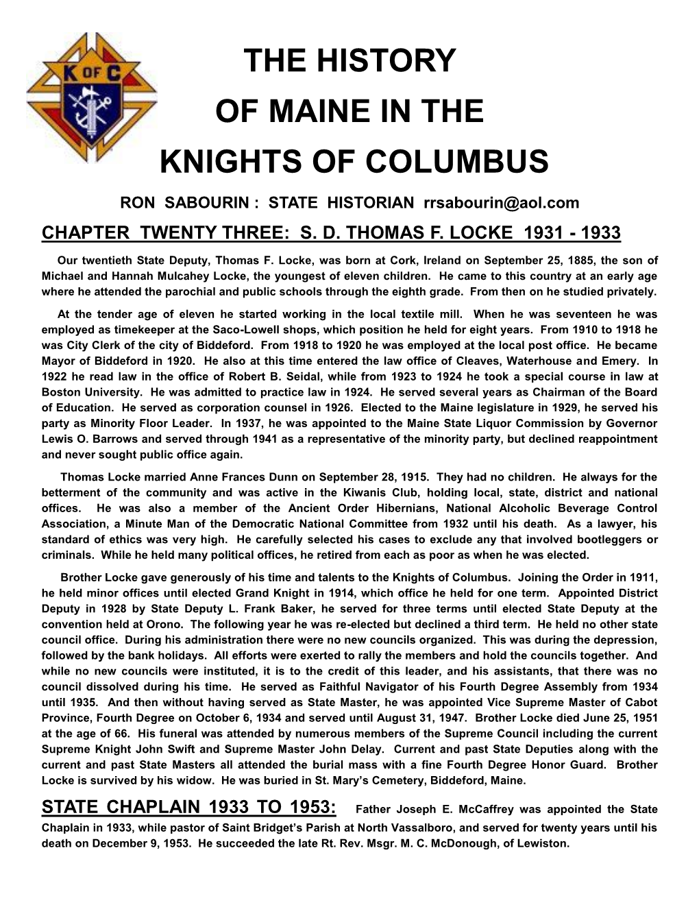 The History of Maine in the Knights of Columbus