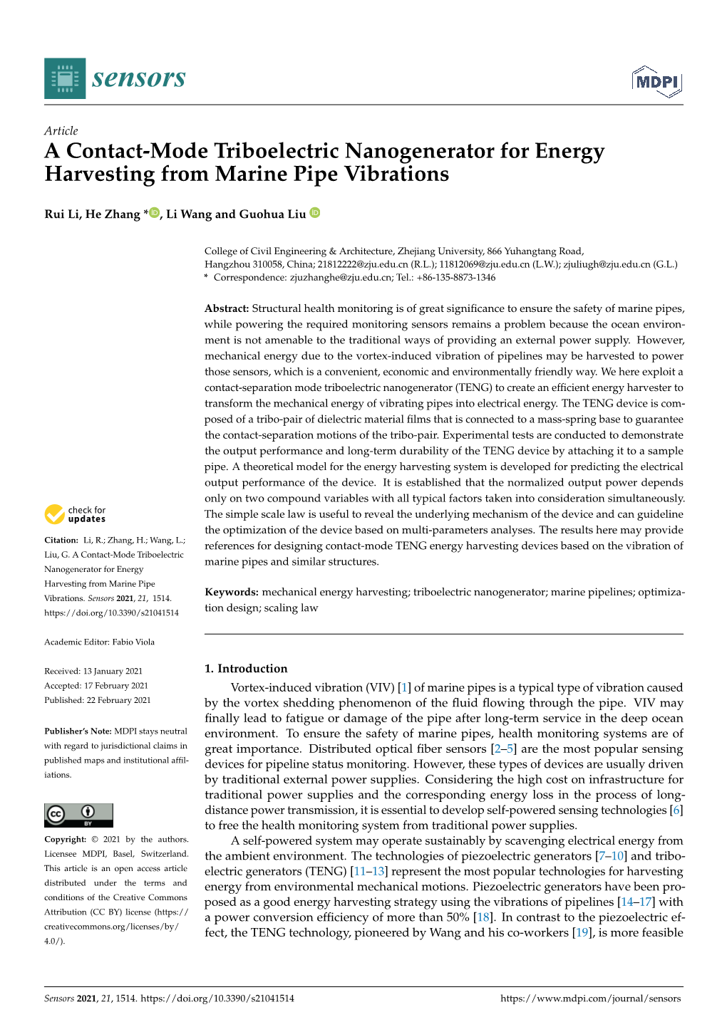 A Contact-Mode Triboelectric Nanogenerator for Energy Harvesting from Marine Pipe Vibrations