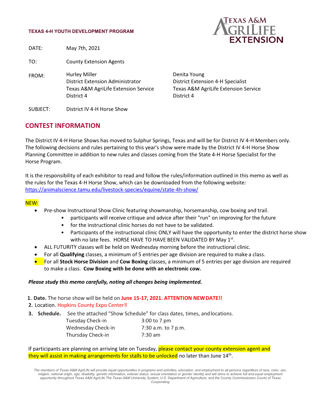 2021 District IV 4H Horse Show Memo