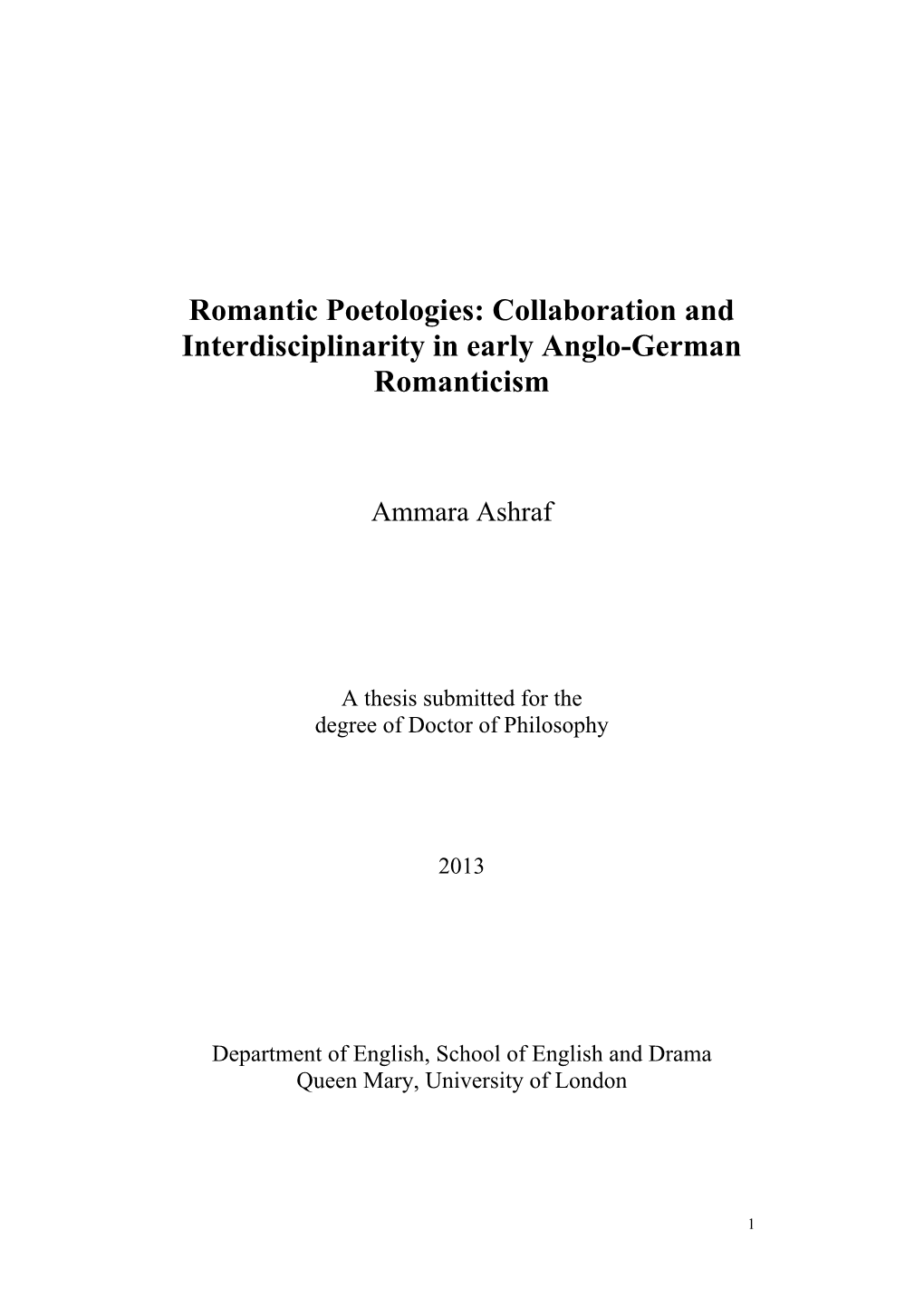 Romantic Poetologies: Collaboration and Interdisciplinarity in Early Anglo-German Romanticism