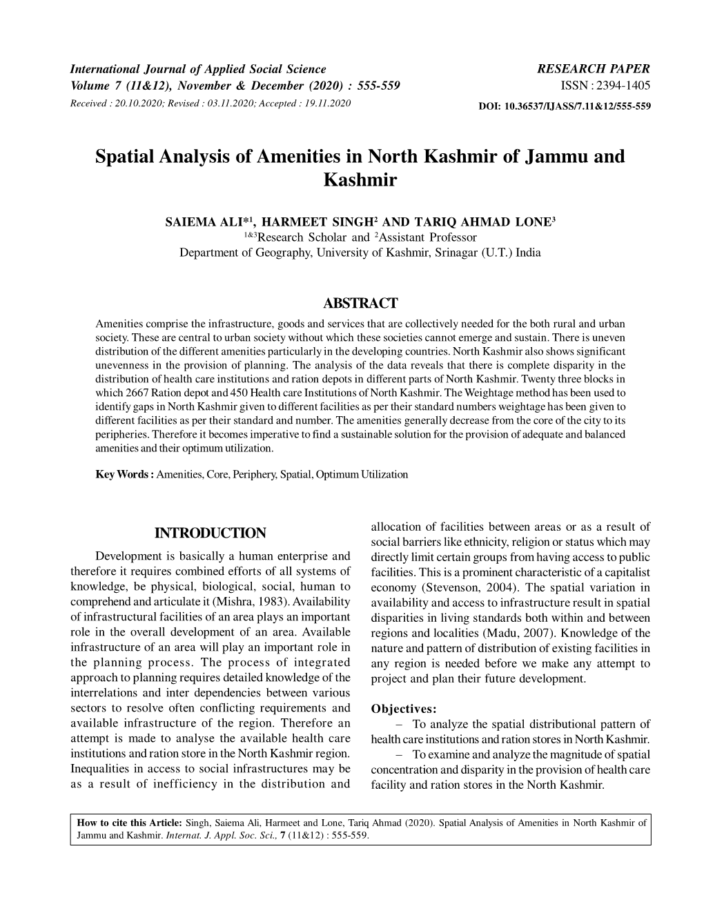 Spatial Analysis of Amenities in North Kashmir of Jammu and Kashmir