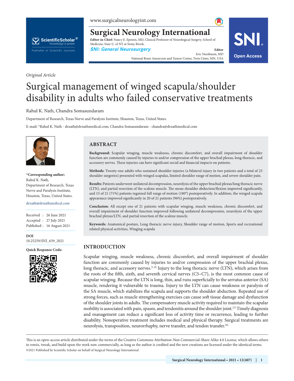 Surgical Management of Winged Scapula/Shoulder Disability in Adults Who Failed Conservative Treatments Rahul K