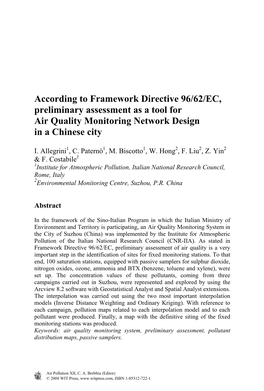 According to Framework Directive 96/62/EC, Preliminary Assessment As a Tool for Air Quality Monitoring Network Design in a Chinese City