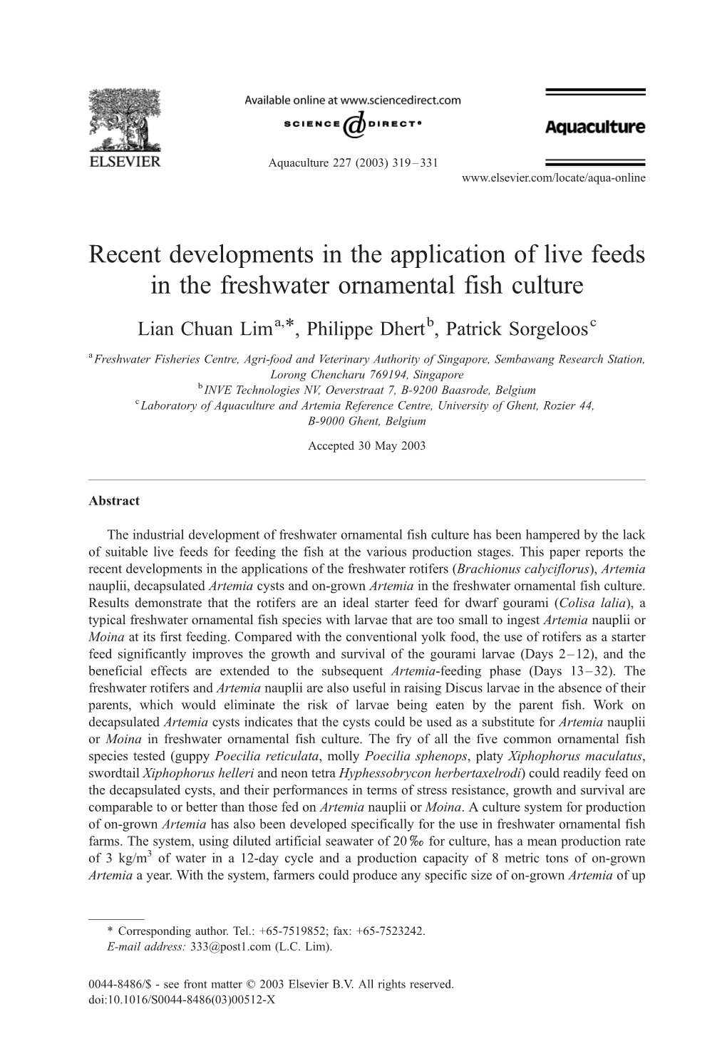 Recent Developments in the Application of Live Feeds in the Freshwater Ornamental Fish Culture