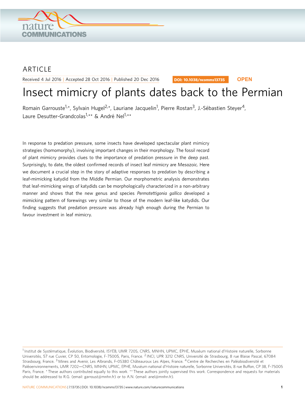 Insect Mimicry of Plants Dates Back to the Permian