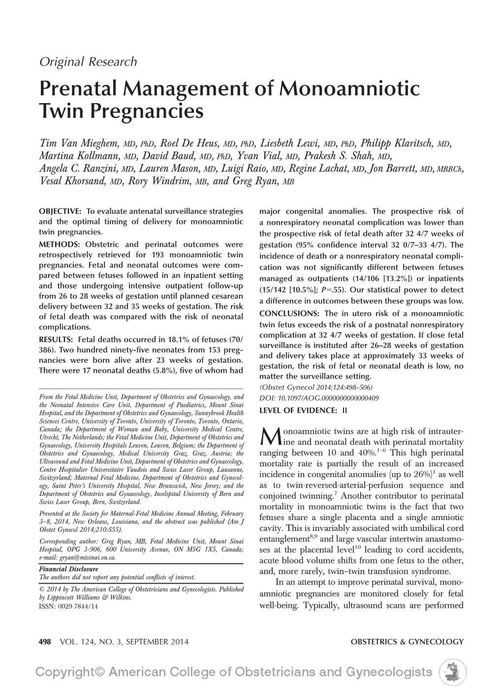 Prenatal Management of Monoamniotic Twin Pregnancies