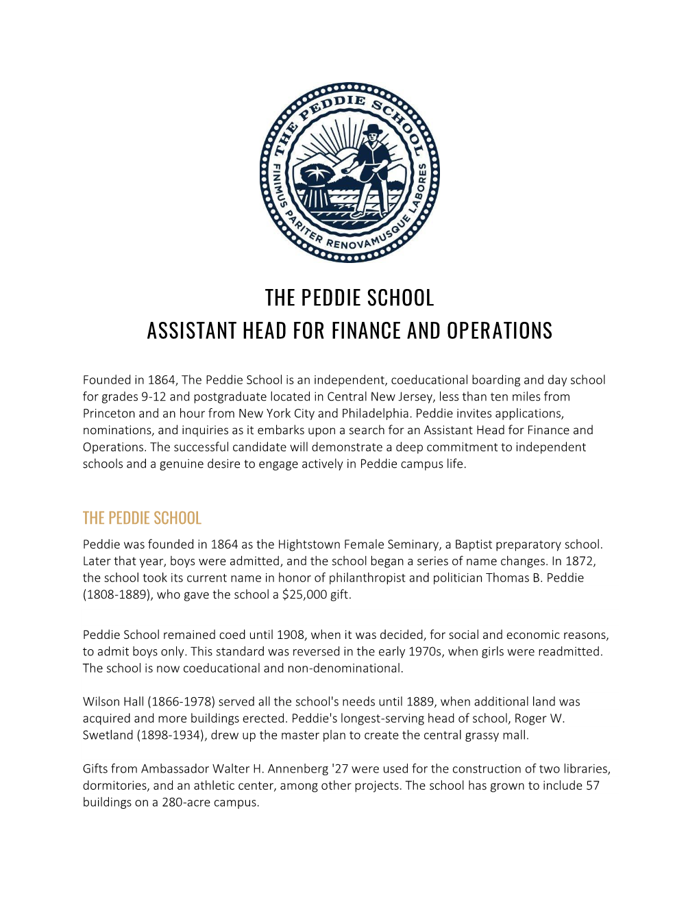 The Peddie School Assistant Head for Finance and Operations