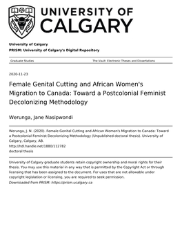 Female Genital Cutting and African Women's Migration to Canada: Toward a Postcolonial Feminist Decolonizing Methodology