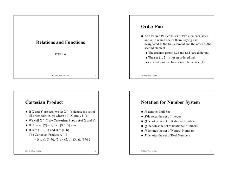 Relations and Functions Order Pair Cartesian Product Notation For