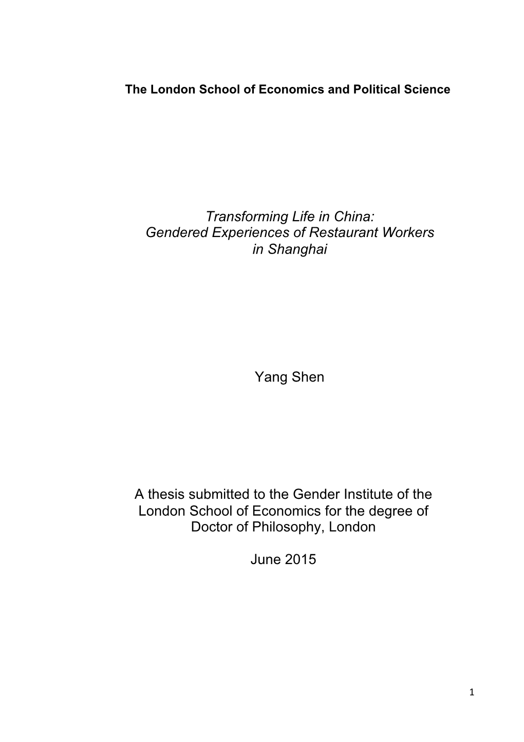 Transforming Life in China: Gendered Experiences of Restaurant Workers in Shanghai