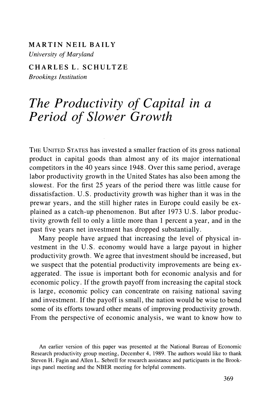 The Productivity of Capital in a Period of Slower Growth